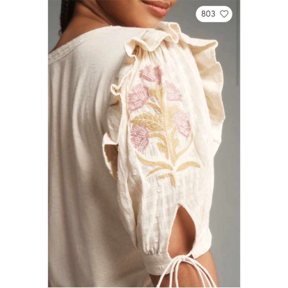 Anthropologie Cream Blouse with Embroidered Sleeves - Picture 5 of 11